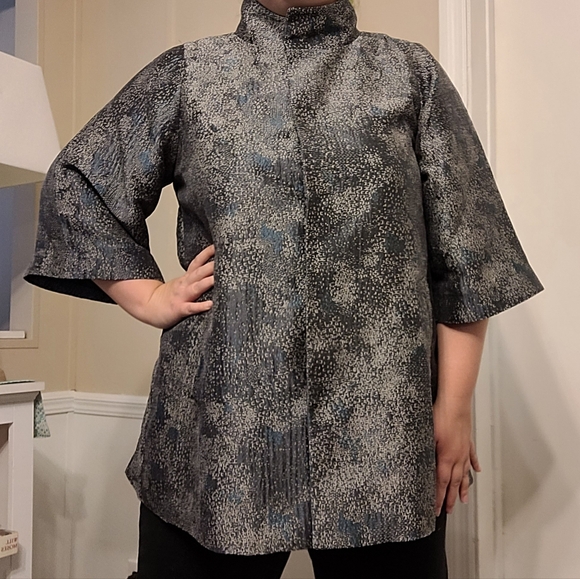 Eileen Fisher Cosmo Jacquard 3/4 Sleeve Silk Blend Jacket in Ash Size Medium - Picture 4 of 16